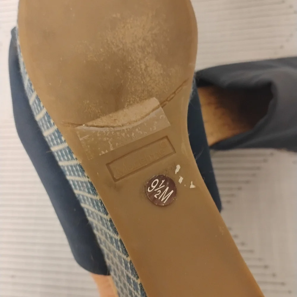 Madeline Blue Wedge Sandals with Patterned Heel Women's Size 9.5